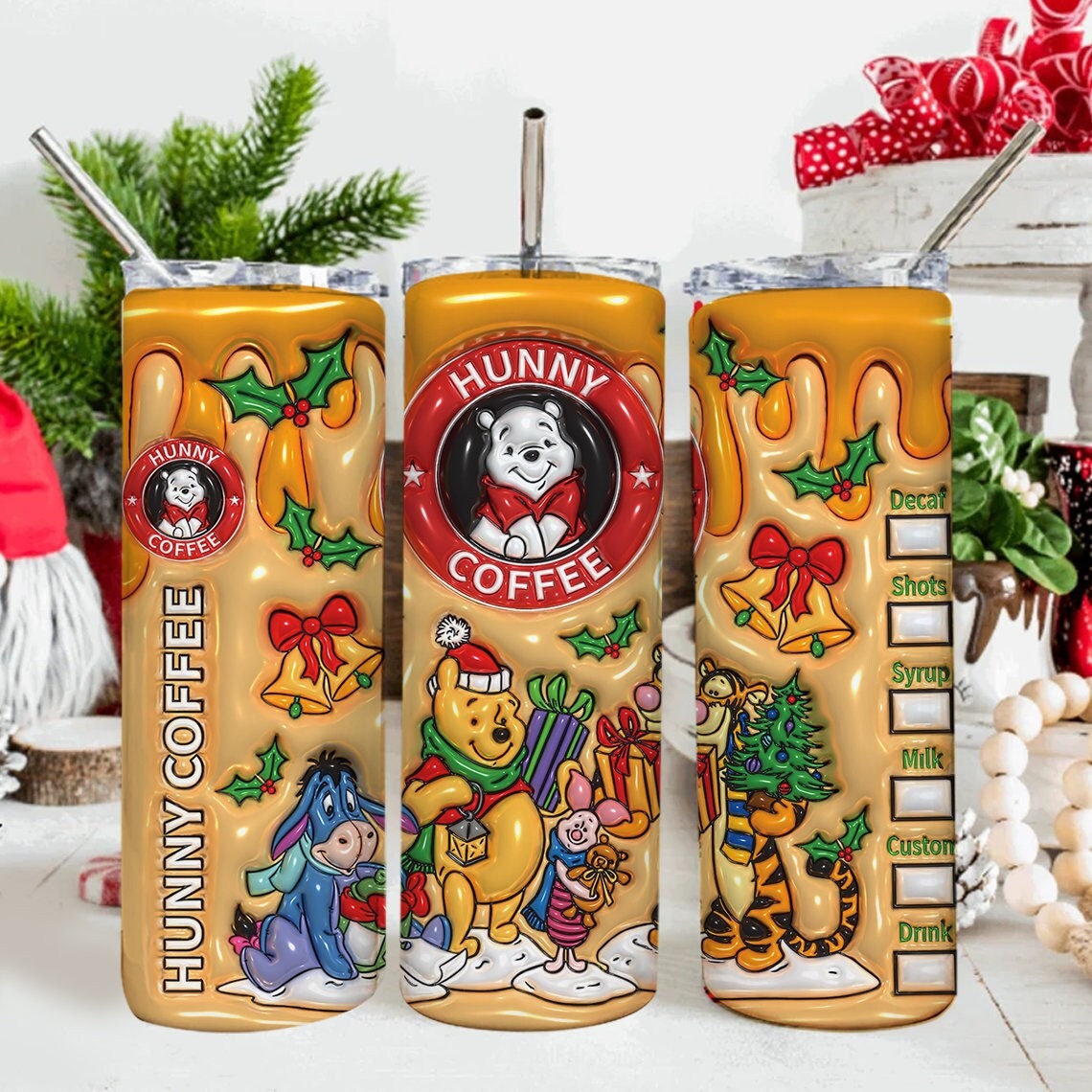 3D Inflated Cartoon Christmas Tumbler Wrap, Hunny Coffee Design Download PNG, 20 Oz Digital Tumbler Wrap, Merry Christmas, Christmas Vibes - VartDigitals