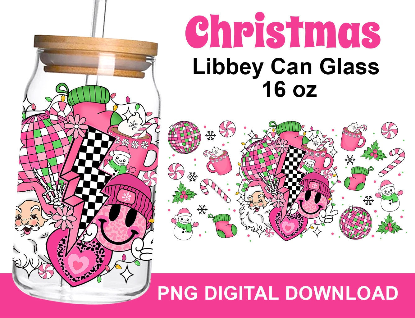 Pink Christmas Coffee 16oz Can Glass Wrap PNG, Christmas Vibes PNG, Sweet Christmas PNG, Santa 16oz Can Wrap