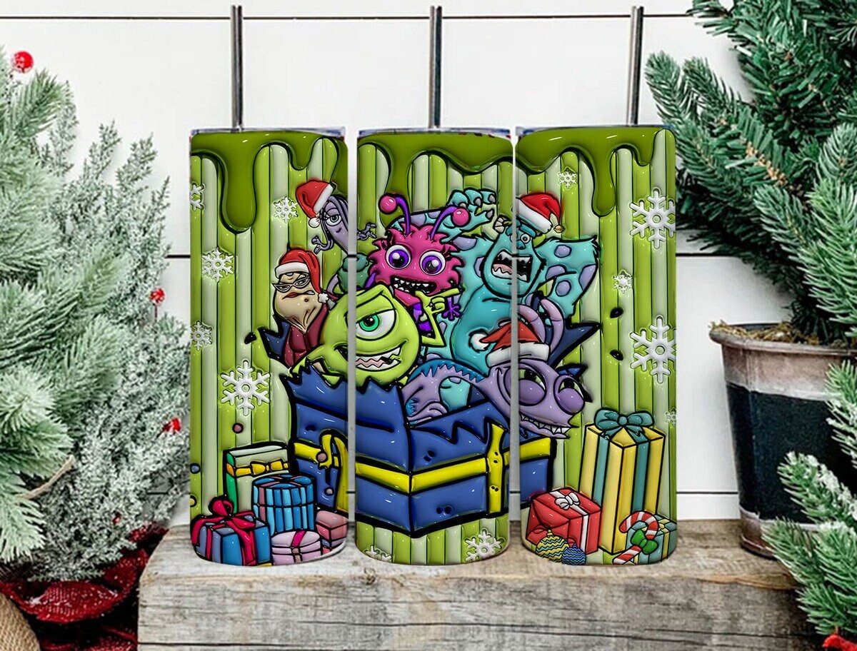 3D Inflated Cartoon Christmas Tumbler Wrap, Monsters Inflated Tumbler Wrap, 20 Oz Tumbler Wrap, Merry Christmas, Monsters Christmas Wrap - VartDigitals