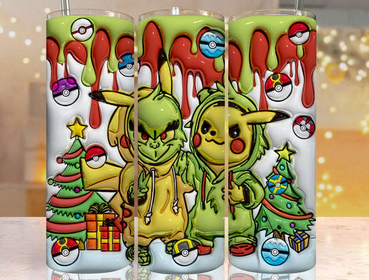 Inflated 3D Cartoon Poke Christmas Tumbler PNG, 3D Anime Cartoon Sublimation, 3D Digital Game Tumbler, Grinc Tumbler Wrap, Pika Grinc - VartDigitals