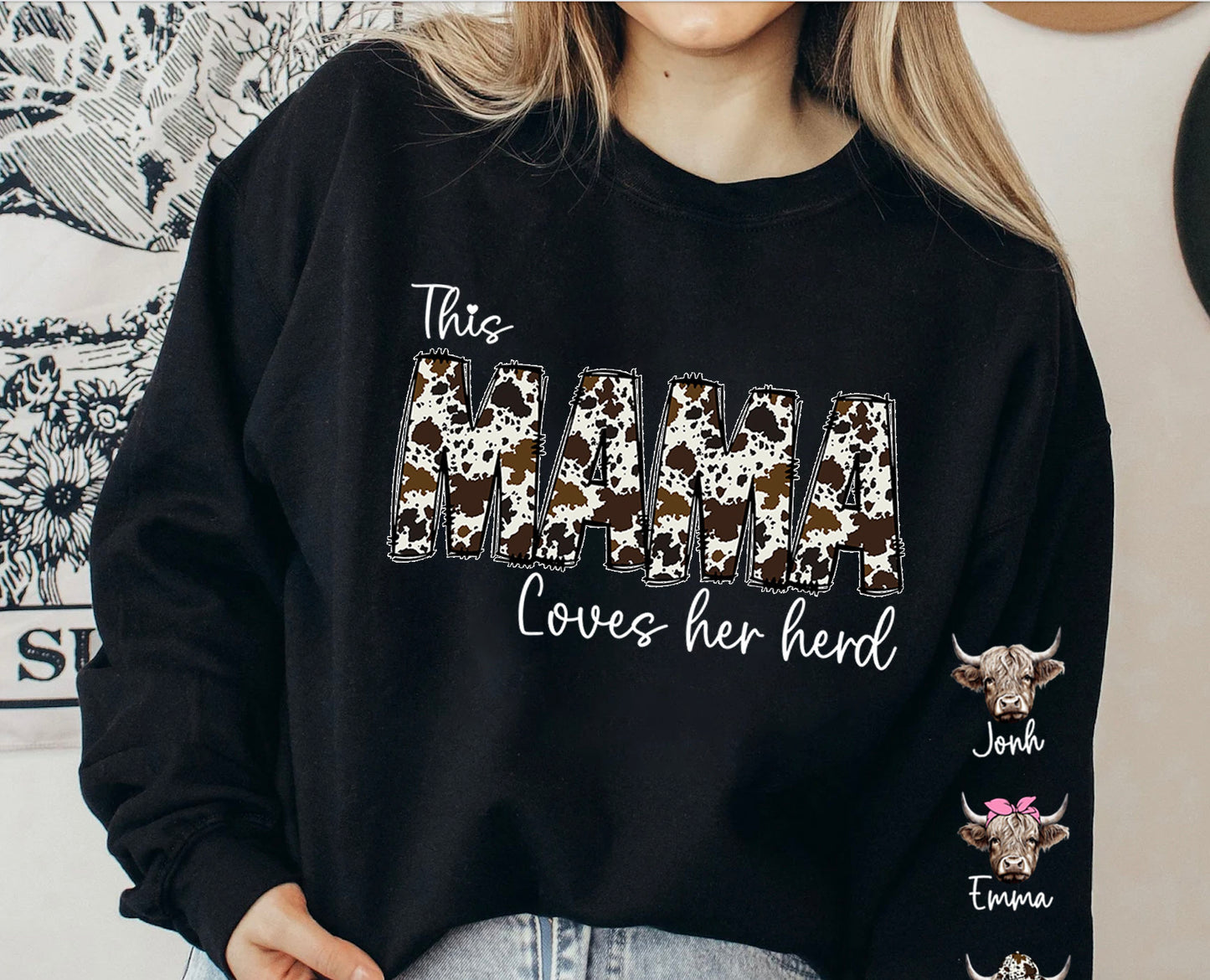 This MAMA wears her herds on her sleeve PNG, Custom Mama valentines day png, Cowhide Mama with highland cows, Valentine Mama png