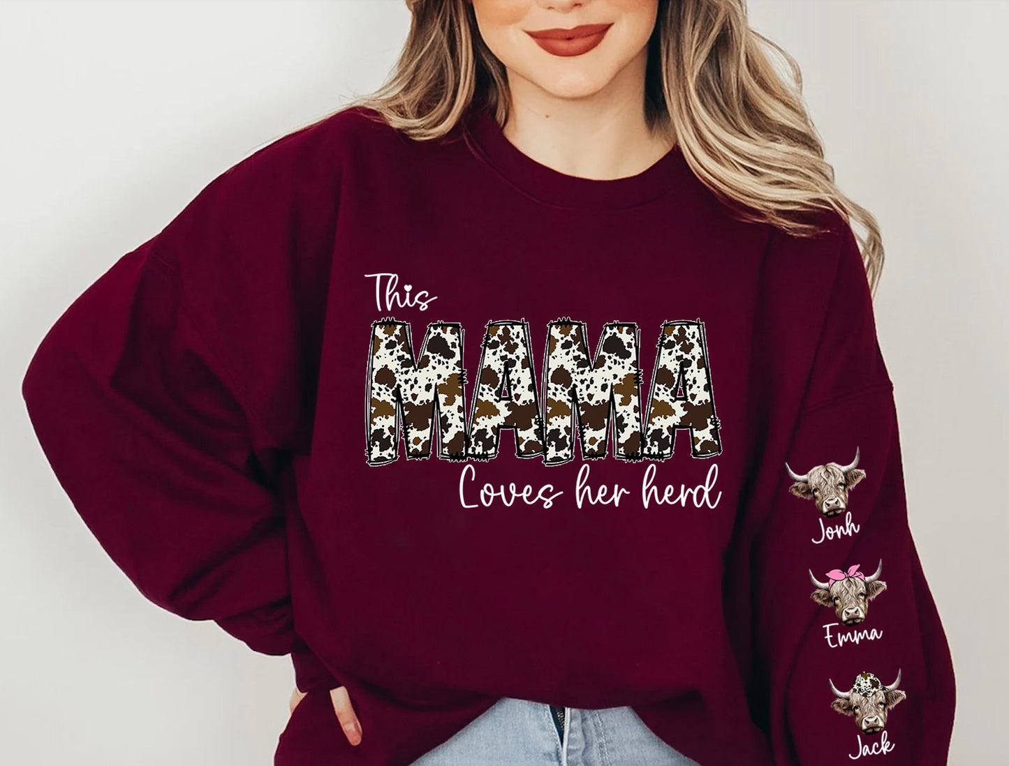 This MAMA wears her herds on her sleeve PNG, Custom Mama valentines day png, Cowhide Mama with highland cows, Valentine Mama png