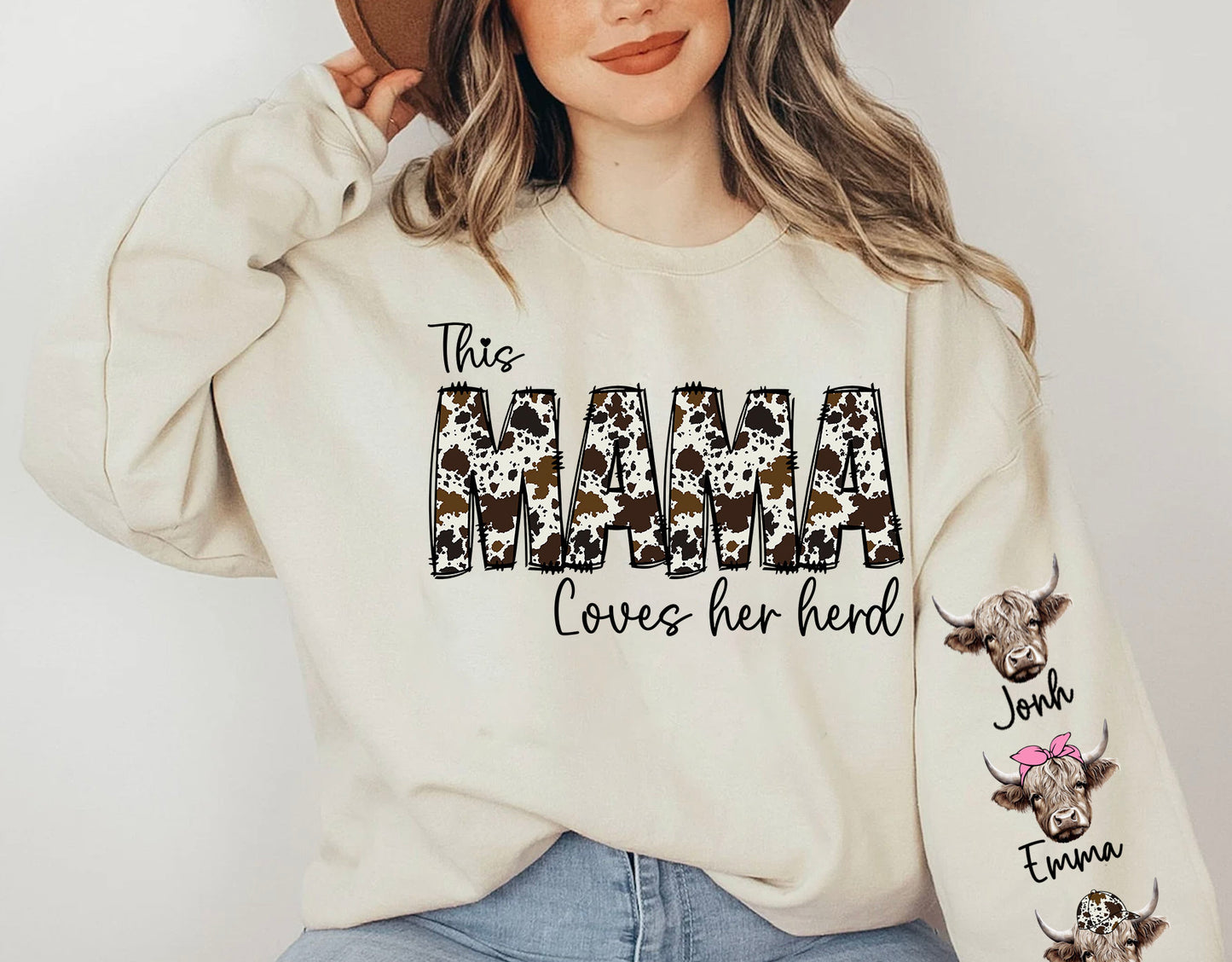 This MAMA wears her herds on her sleeve PNG, Custom Mama valentines day png, Cowhide Mama with highland cows, Valentine Mama png