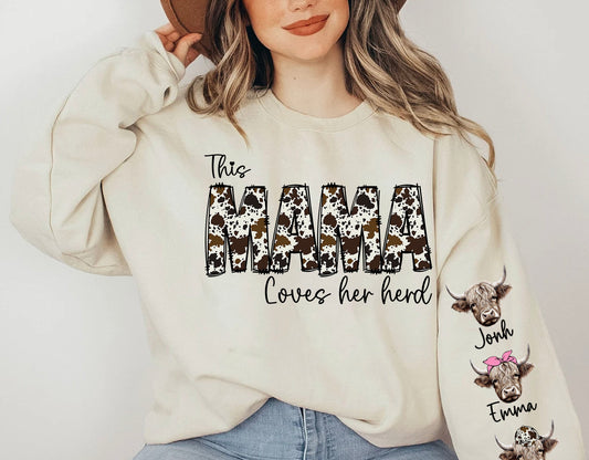 This MAMA wears her herds on her sleeve PNG, Custom Mama valentines day png, Cowhide Mama with highland cows, Valentine Mama png