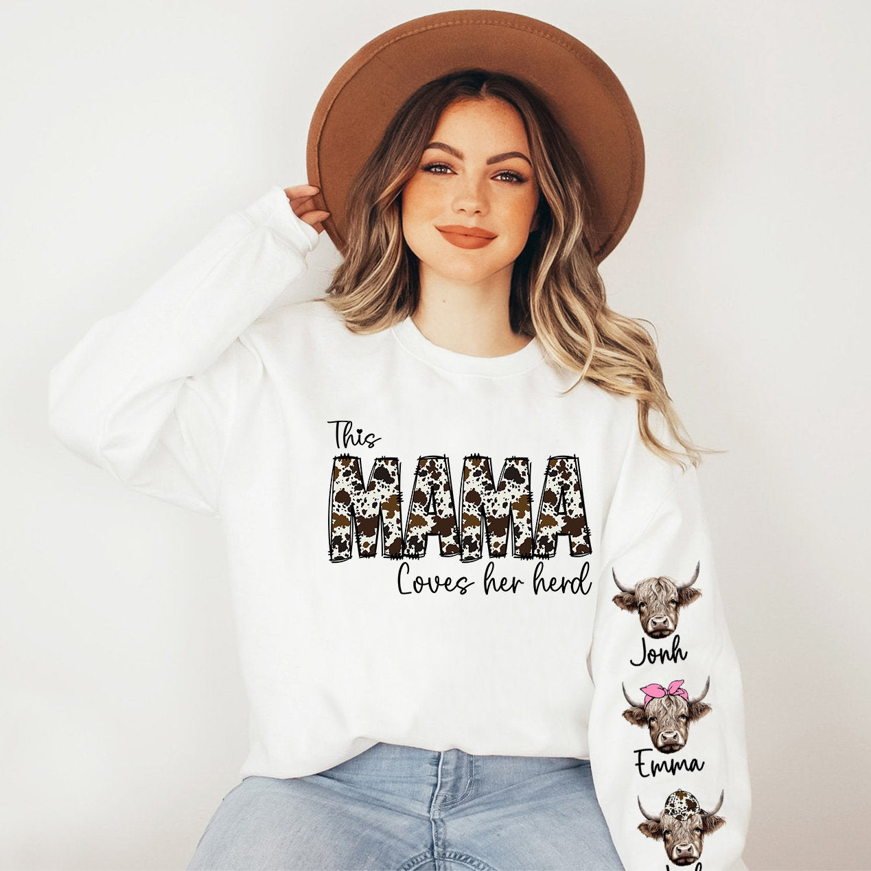 This MAMA wears her herds on her sleeve PNG, Custom Mama valentines day png, Cowhide Mama with highland cows, Valentine Mama png