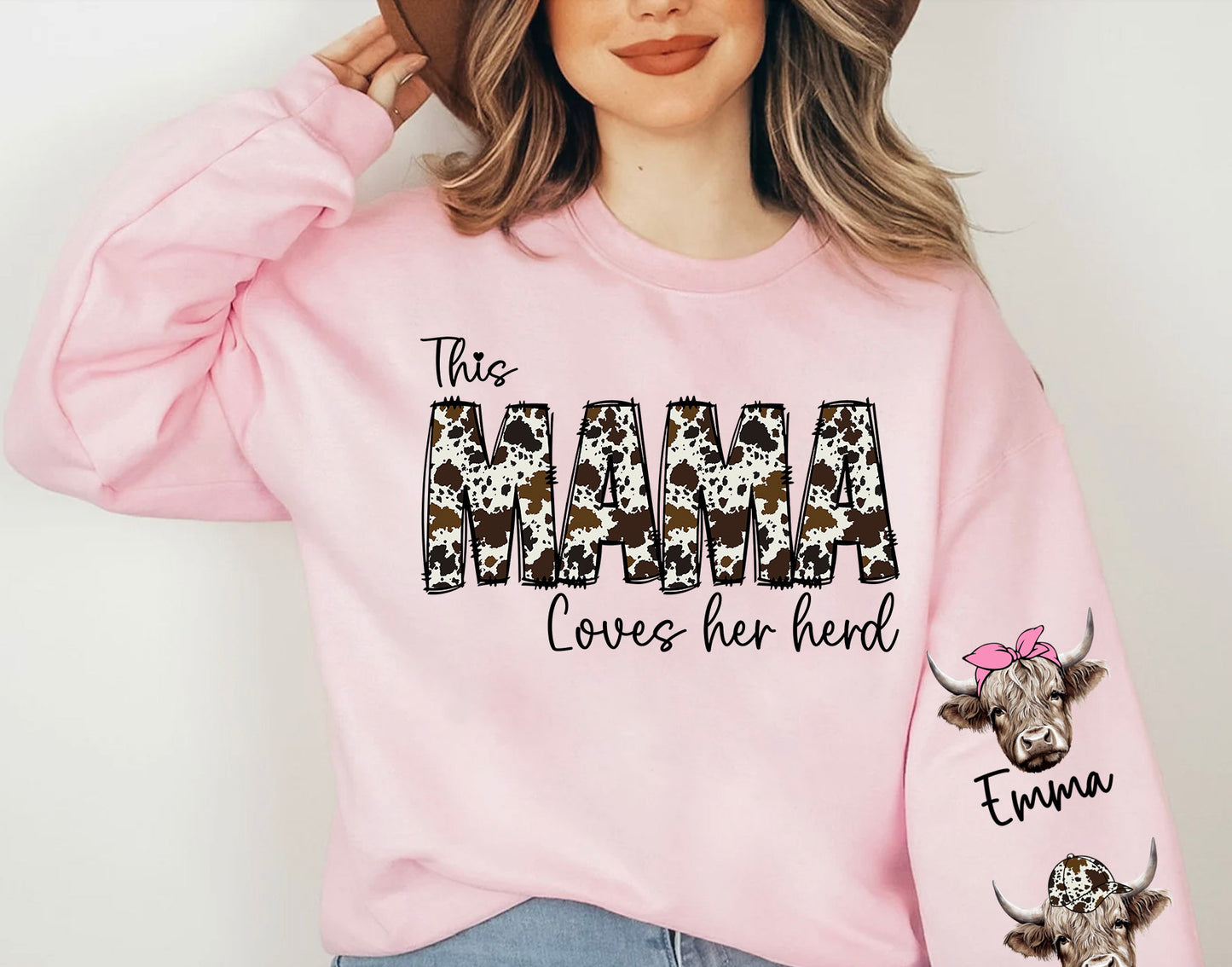 This MAMA wears her herds on her sleeve PNG, Custom Mama valentines day png, Cowhide Mama with highland cows, Valentine Mama png