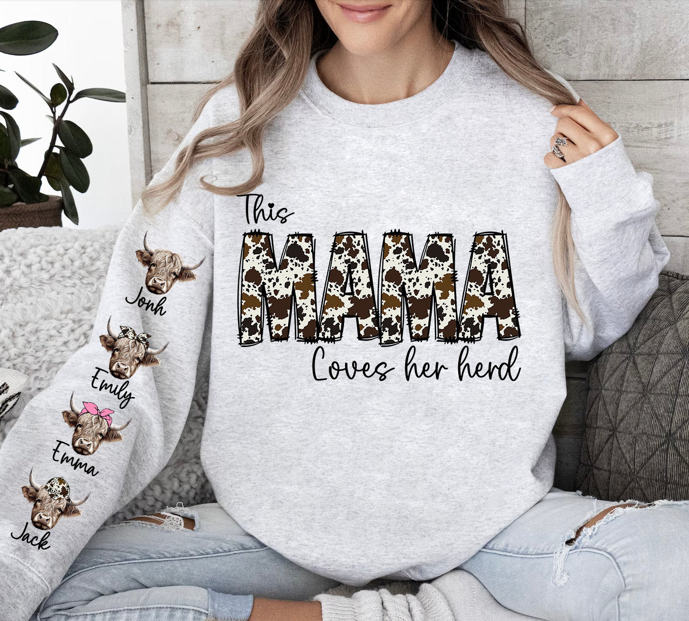 This MAMA wears her herds on her sleeve PNG, Custom Mama valentines day png, Cowhide Mama with highland cows, Valentine Mama png