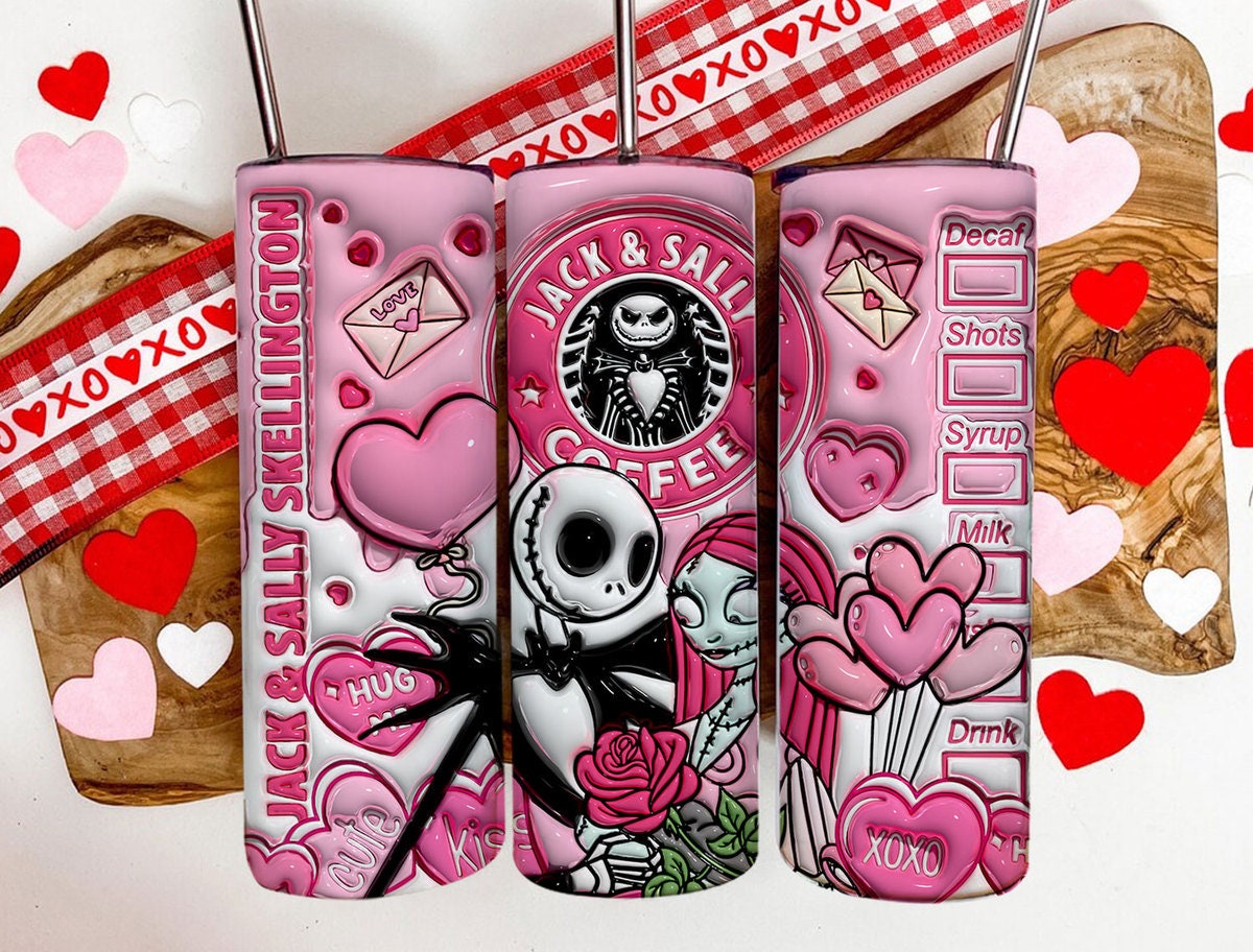 3D Jack And Sally Valentine Tumbler Design PNG, 3D Inflated Valentine Tumbler Wraps, Jack Sally Skellington,The Nightmare Before Christmas - VartDigitals