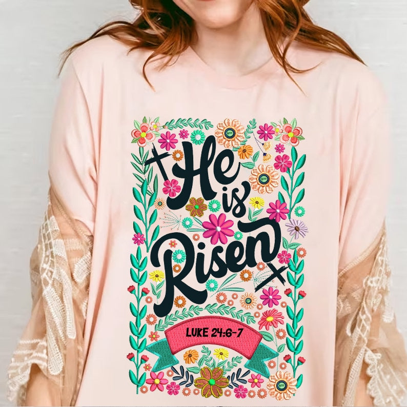 He is Risen png, Matthew 286, Retro Easter, Easter Christian Png, Easter bible verse png, Spring Floral Embroidered Png, Easter Bunny Png