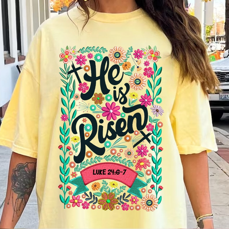 He is Risen png, Matthew 286, Retro Easter, Easter Christian Png, Easter bible verse png, Spring Floral Embroidered Png, Easter Bunny Png