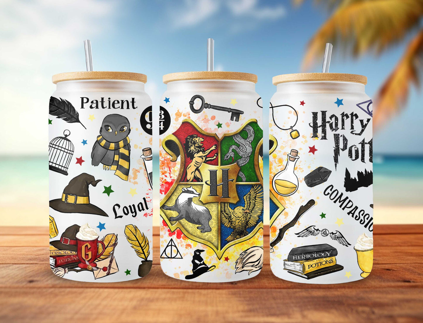 Harry Potter 16oz Glass Can PNG, Hogwarts Alumni, Magic Wand Symbol, Wizardy Houses