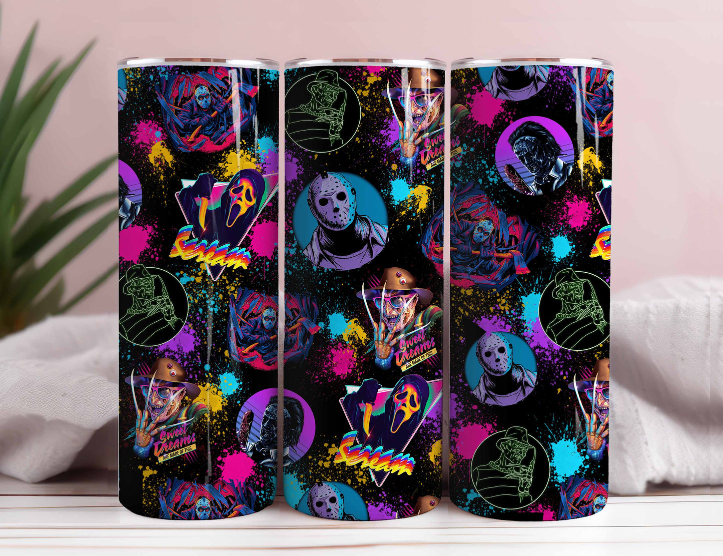 Horror Movies Characters Tumbler PNG, 20oz Skinny Tumbler PNG, Horror Characters Tumbler Wrap, Coffee Tumbler, Killers Neon tumbler