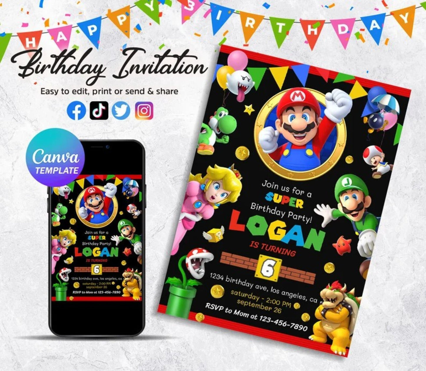 Editable Mario Bros Birthday Boy Invite, Mario Birthday Invitation, Mario Birthday Party Theme, Digital Invite, Kids Birthday Invitation