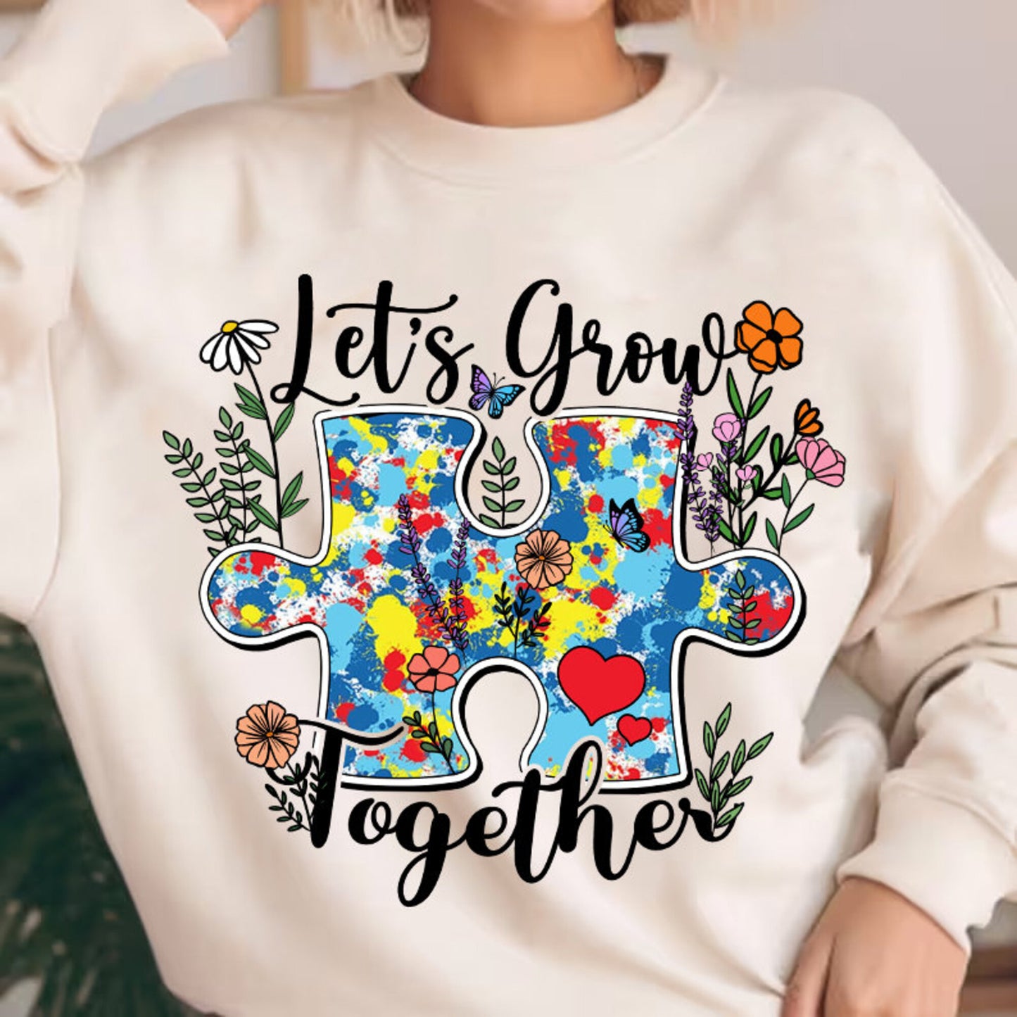 Let's grow together Png, Autism Awareness Png , Autism Awareness, Autism Puzzle Png, Autism Teacher Png, Autism Mom, Inspirational Png