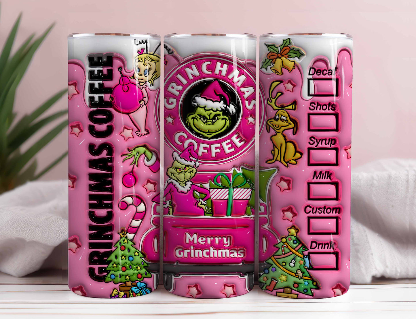 Inflated Pink Christmas Tumbler Design Png, 3D Christmas Cartoon Tumbler Wrap 20oz Skinny Sublimation, Merry Grinchmas, Merry Christmas Wrap