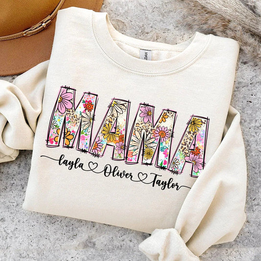 Floral Mama png, Mama Flower Leopard png, Mama Flower with Kids Names, Mama floral, Custom Mama groovy png, Mother's Day Gift, Mama Design