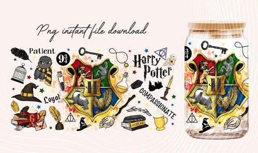 Harry Potter 16oz Glass Can PNG, Hogwarts Alumni, Magic Wand Symbol, Wizardy Houses