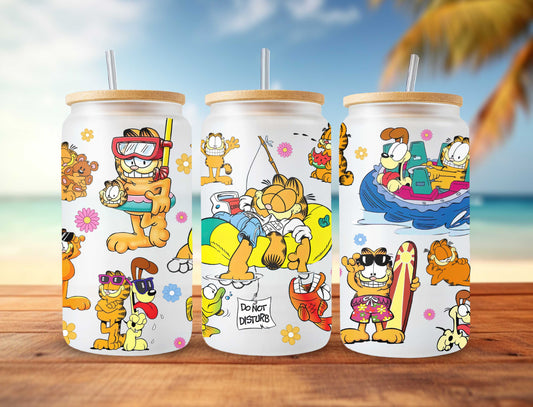 Garfield Cat Cartoon 80s Glass Can, 80s Cartoons png, Garfield Summer Libbey Glass Can, Retro 80s Cartoons Wrap, Garfield Swimming Pool - VartDigitals