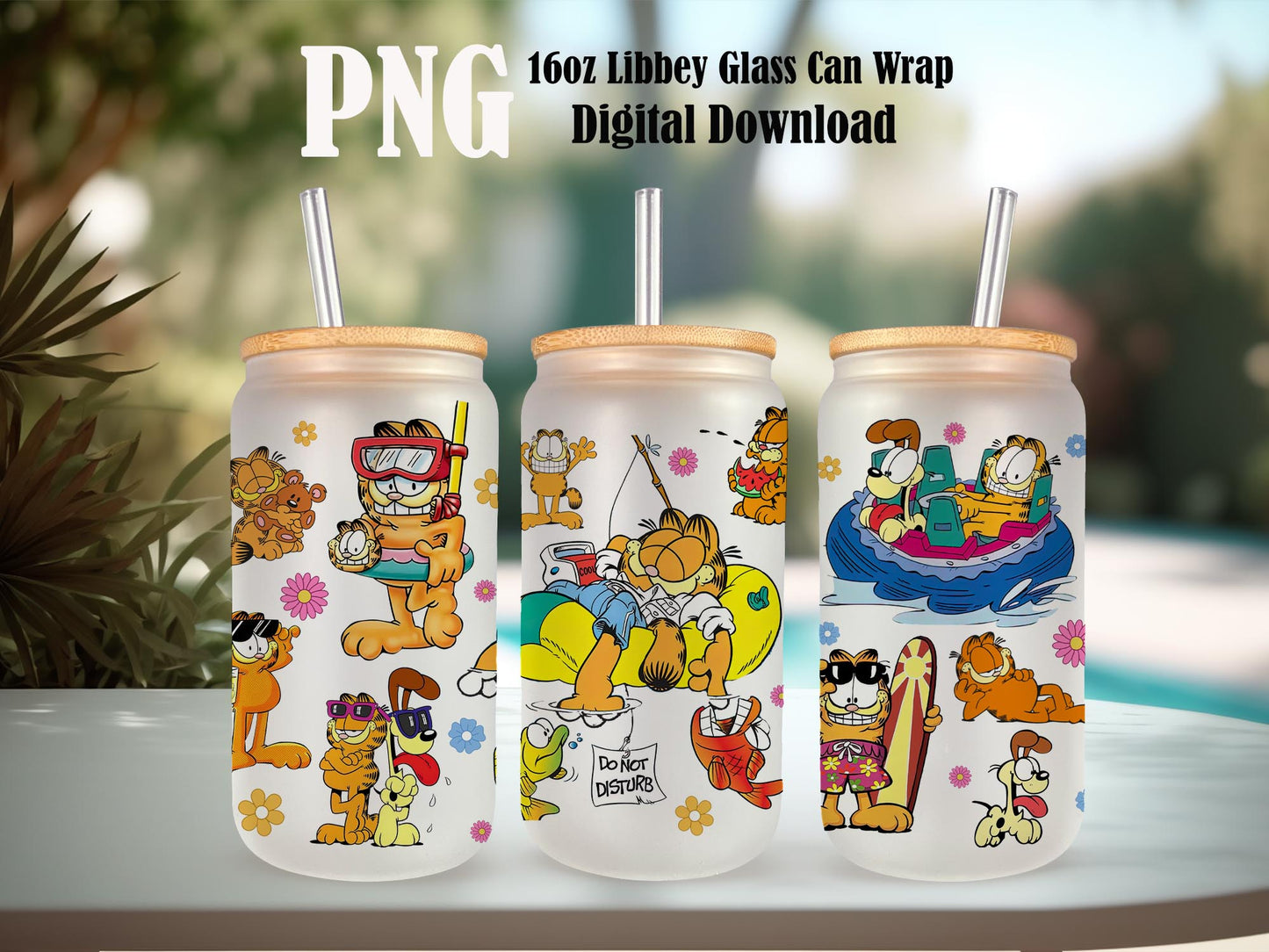 Garfield Cat Cartoon 80s Glass Can, 80s Cartoons png, Garfield Summer Libbey Glass Can, Retro 80s Cartoons Wrap, Garfield Swimming Pool