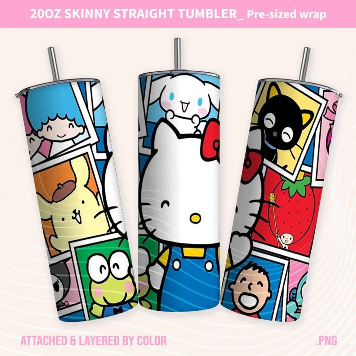 Bundle Hello Kitty Tumbler Wrap, Kitty Cartoon Tumbler, 20oz Straight Skinny Wrap, Pink Kitty Png, Pink Cat Tumbler Wrap, Png Sublimation Design
