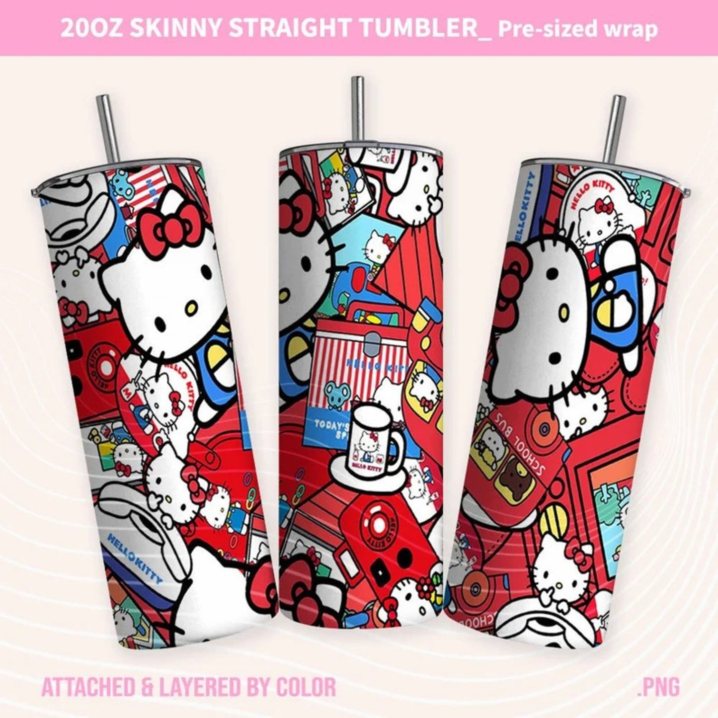 Bundle Hello Kitty Tumbler Wrap, Kitty Cartoon Tumbler, 20oz Straight Skinny Wrap, Pink Kitty Png, Pink Cat Tumbler Wrap, Png Sublimation Design