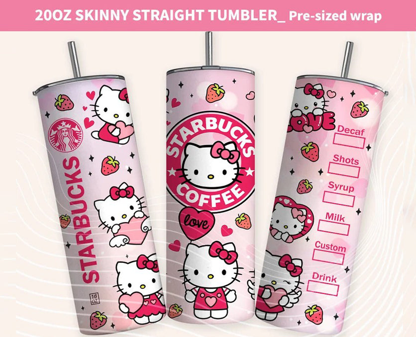 Bundle Kawaii Kitty Tumbler, Kitty Coffee, 20oz Straight Skinny Wrap, Cartoon Spring Flowers, Pink Cat Tumbler, Png Sublimation Design