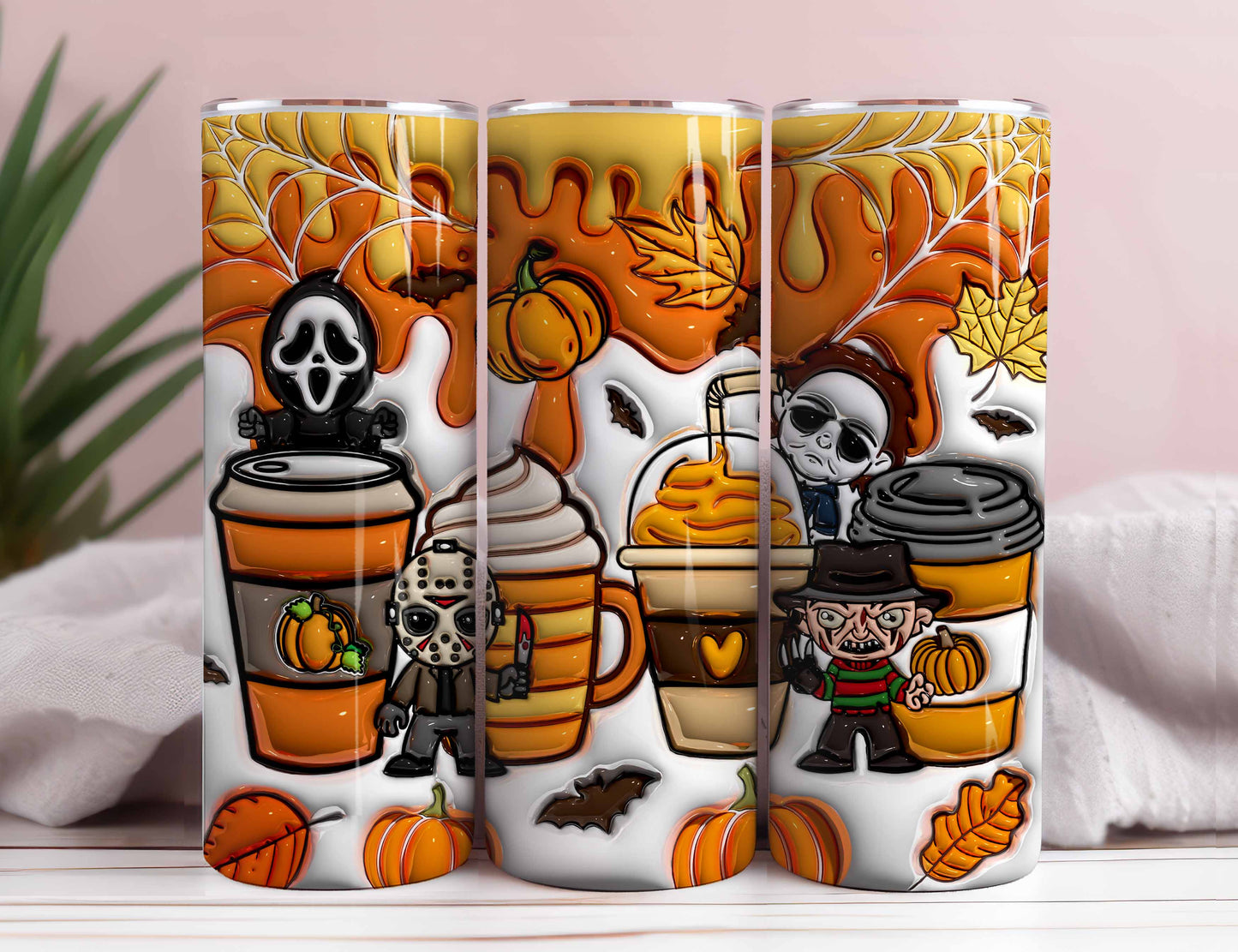 3D Inflated Horror Characters Tumbler Wrap Png, Horror Halloween Tumbler, 3D Horror Movie Tumbler Wrap 3D Horror Tumbler Wrap, Horror Coffee