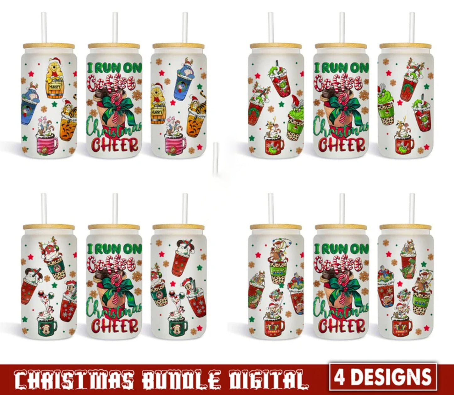 Bundle Cartoon Christmas Coffee Designs, 16oz Libbey Glass Can, Mickey Minnie Coffee, Pooh Coffee, Grinch Coffee, Beer Can Glass, Instant Download