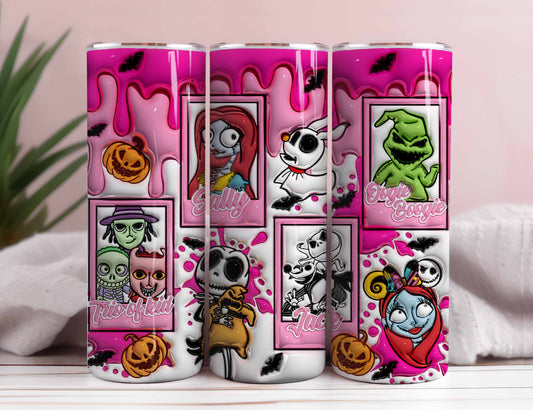 Inflated Cartoon Halloween Tumbler Design, 3D Spooky Vibes Tumbler Wrap, Pink Doll Halloween, 3D Nightmare Scary Tumbler Wrap, Pink Horror