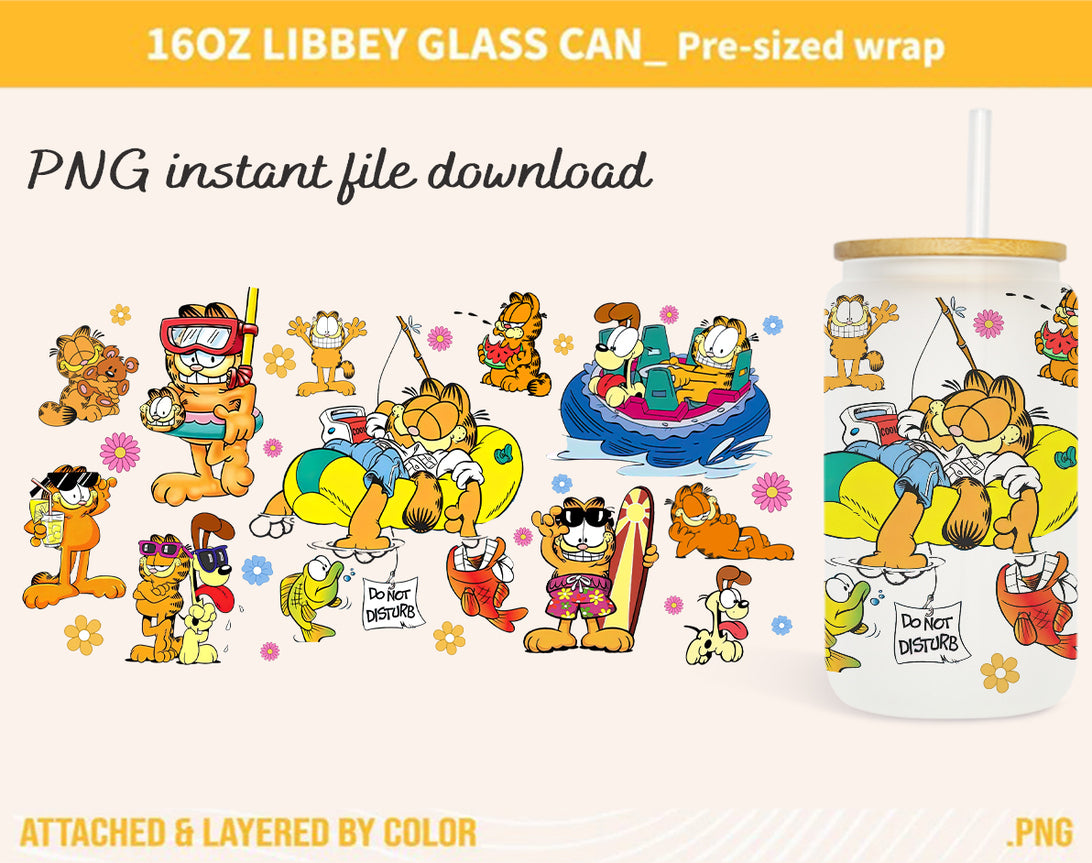 Garfield Cat Cartoon 80s Glass Can, 80s Cartoons png, Garfield Summer Libbey Glass Can, Retro 80s Cartoons Wrap, Garfield Swimming Pool