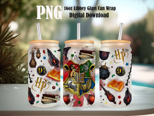 Harry Potter Libbey Glass PNG, 16oz Can Glass PNG, Hogwarts Alumni, Magic Wand Symbol, Wizardy Houses