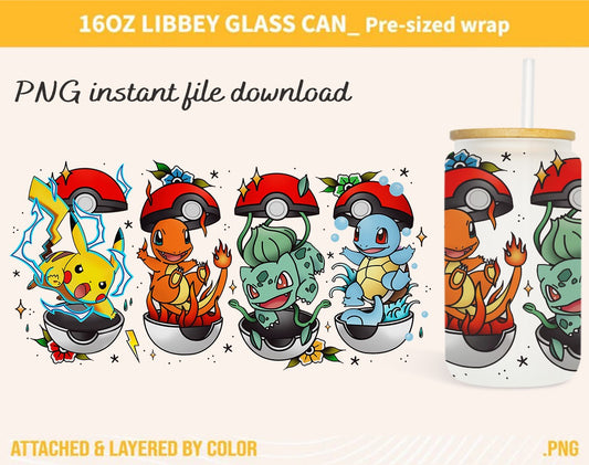 Pokemon Glass Can Wrap 16oz Glass Can Png, Pokemon Tumbler, Pokemon Cartoon Libbey Can Glass, 16oz PNG Digital Download, Can Glass Wrap Png