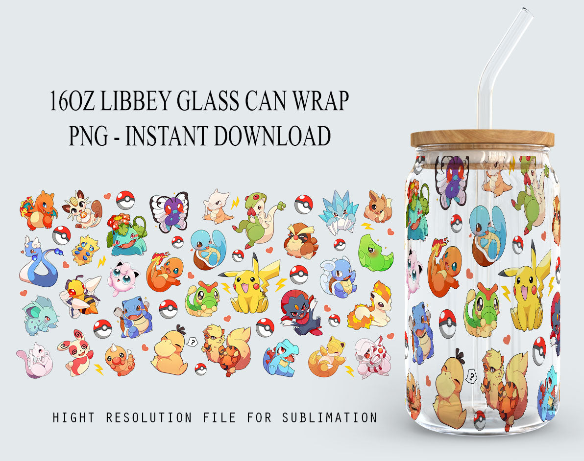 Gotta catch ‘em all Can Glass, Poke Glass Can Wrap, Cartoon Libbey Can Glass 16oz PNG Digital Download - VartDigitals
