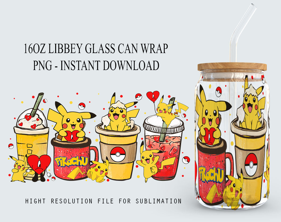 Gotta catch ‘em all Can Glass, Poke Glass Can Wrap, Pokemon Libbey Can Glass 16oz PNG Digital Download, Poke Bad Bunny Glass Can Wrap - VartDigitals
