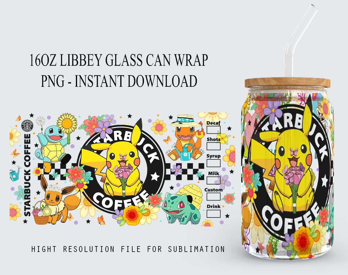 Cartoon Poke Tumbler PNG, 16oz Libbey Glass Can, Can Glass Wrap,Anime Cartoon Sublimation,Digital Game Tumbler, Kids Movie Tumbler - VartDigitals