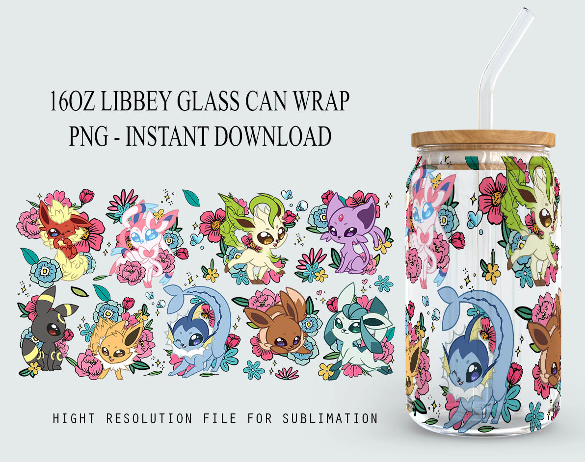 Spring Eevee Tumbler Wrap, Pokemon Can Glass,16oz Can Glass Wrap Cartoon Libbey Can Glass 16oz PNG Digital Download,Spring Flowers Can Glass - VartDigitals