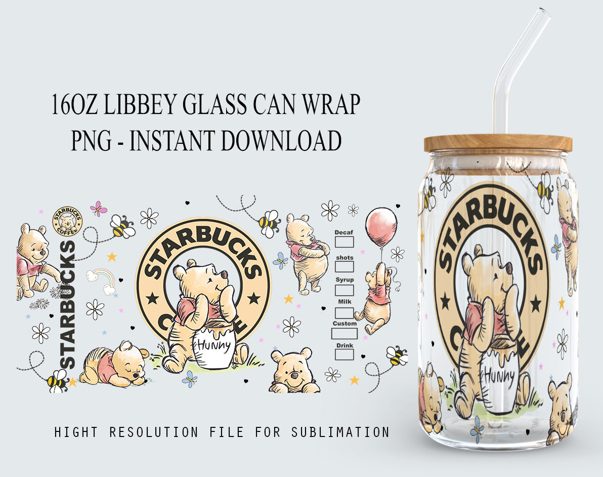 Pooh 16oz Coffee Wrap, Pooh Tumbler Wrap, Spring Tumbler, 16oz Libbey Can Glass, Cartoon Tumbler, Cartoon Tumbler,Full Tumbler Wrap Download - VartDigitals